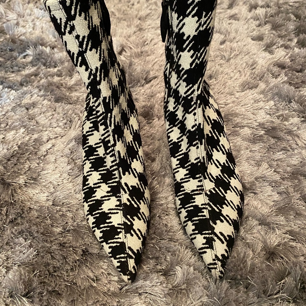 Amina Muaddi - black and white checked booties